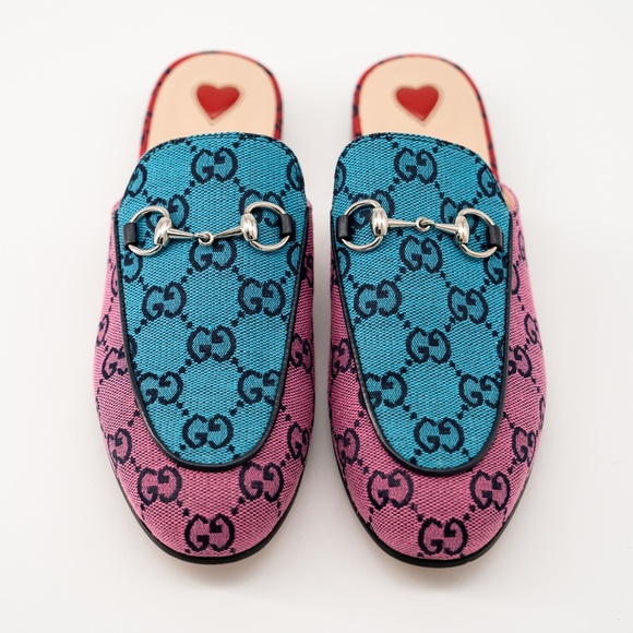 size 35.5G 5.5 US Gucci Princetown Blue Pink GG Canvas Mules Slipper Sandals - Picture 3 of 11
